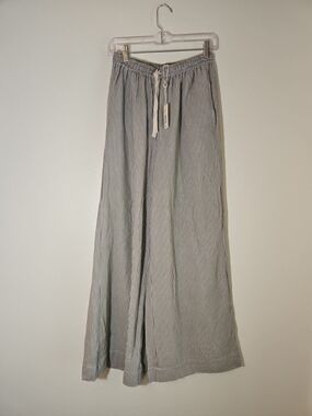 Max Studio Linen Blend Wide-Leg Drawstring Pants Navy & White Pinstripe Pockets